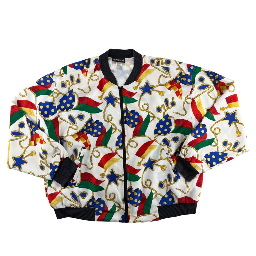 Vintage Notations Women M Bomber Jacket Y2K Nautical Flag Star Print White Multi